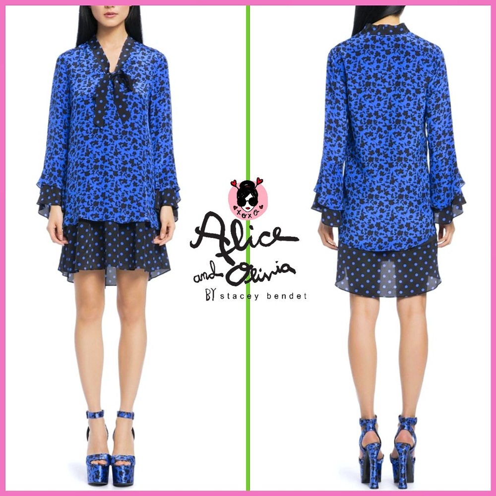 Alice + Olivia Wellesly Mixed Print Tie Neck Blue Black Mini Dress - Picture 4 of 16